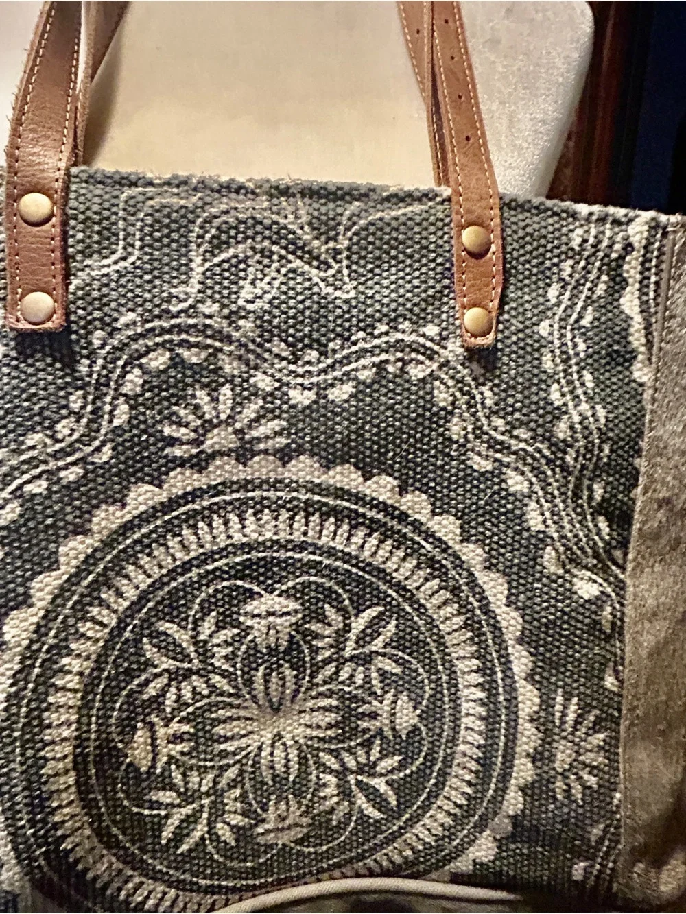 Myra Bag Gray and Brown Patterned Tote with Leather Straps